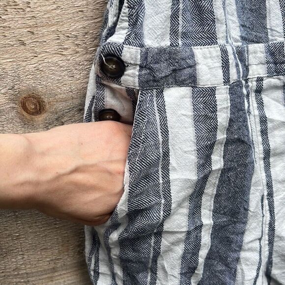 April Kiss Women's Blue And White Linen Blend Striped Romper Overalls - Picture 2 of 6